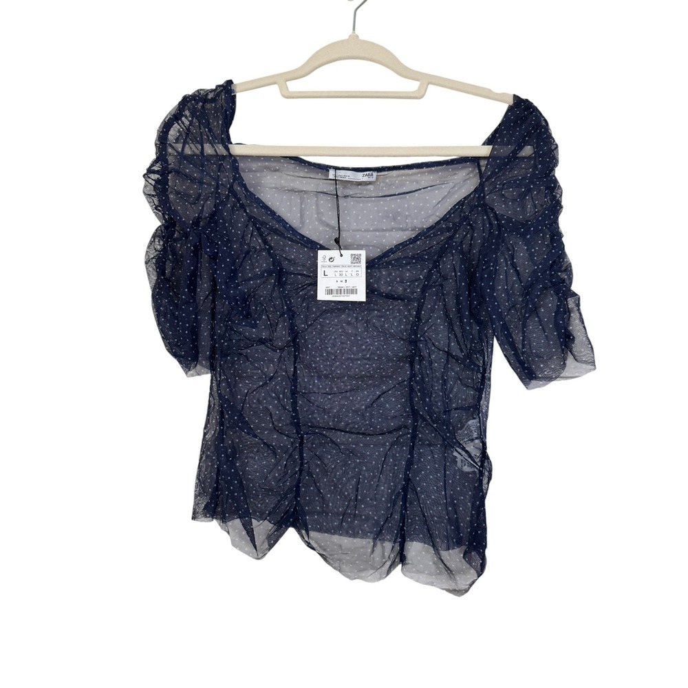 Zara Navy Blue Polka Dot Ruched Sheer Mesh Tulle Top Sweetheart Neck NWT L